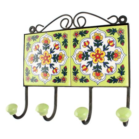 Pea Green With White Floral Ceramic Tile Hook Online